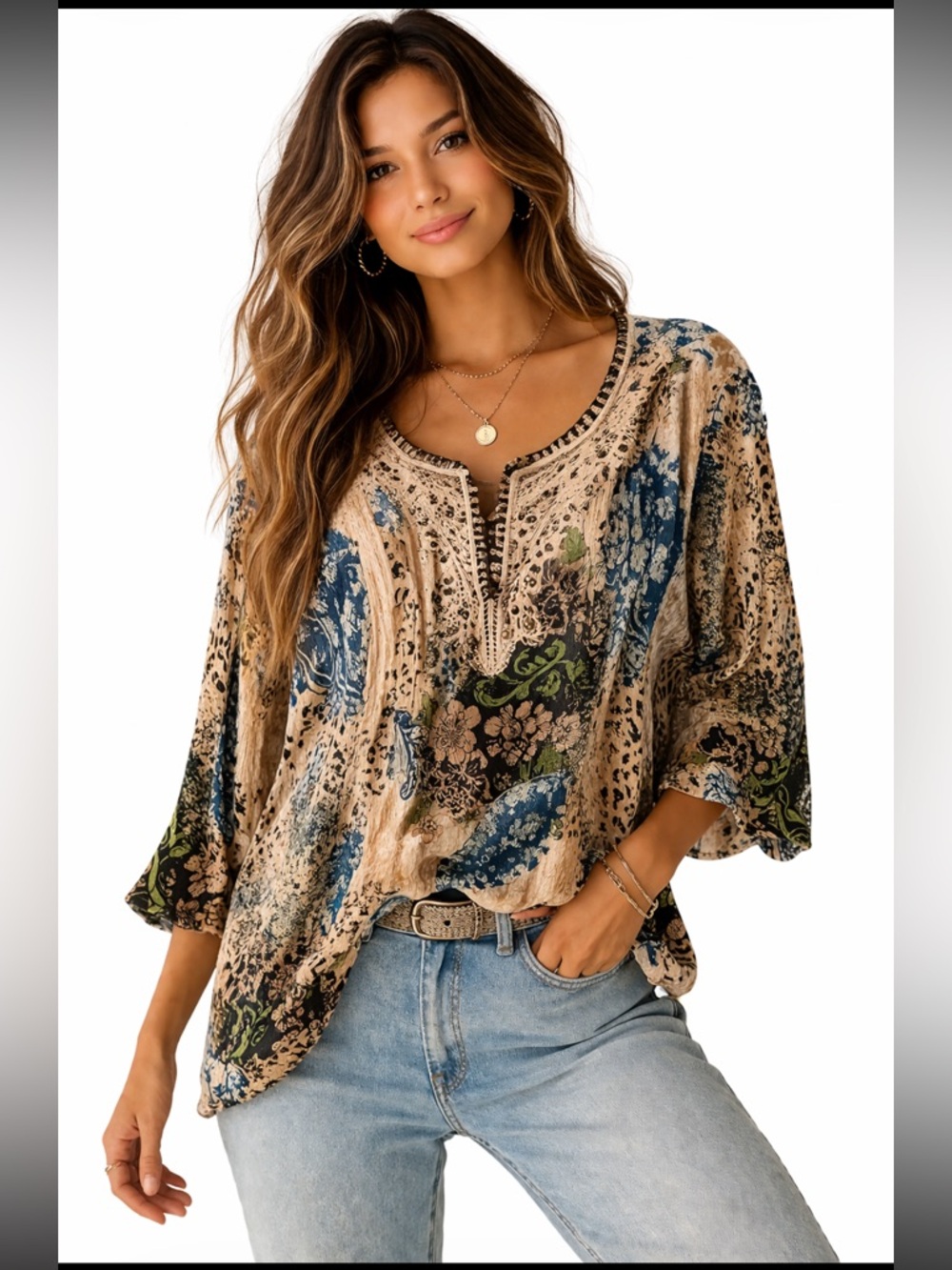 Dressbarn Boho Patchwork Blouse Size M Embellished Lace Trim Floral Animal Print